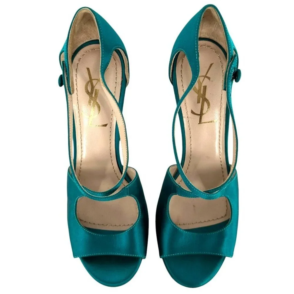 Saint Laurent Paris Turquoise Satin Tribute Cross Strap Platform Sandals Size 35 - Picture 7 of 11